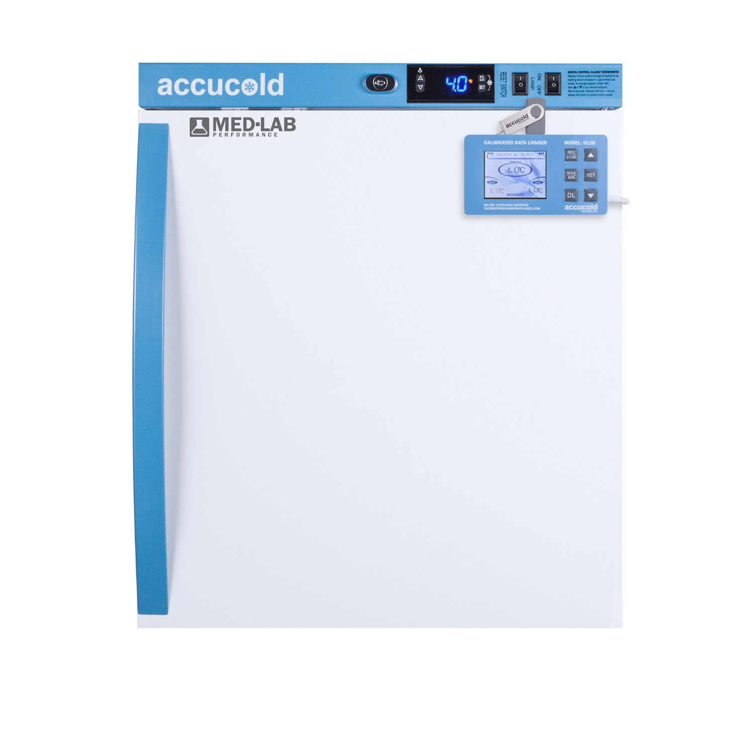 Performance series Med-Lab 1 cu.ft. compact all-refrigerator for laboratory storage with factory-installed data logger, antimicrobial silver-ion handle, and hospital grade cord with 'green dot' plug